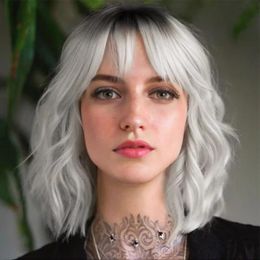 Wigs HAIRJOY Short White Silver Wigs for Women Ombre Black and Grey Curly Wig with Bangs Synthetic Hair
