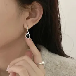 Hoop Earrings Real 925 Sterling Silver Black Elliptical Zircon For Women Light Luxury Fine Jewelry Minimalist Accessories