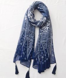 Printed Cotton and Linen Tassel Scarf Spring and Summer Thin Travel Blue and White Porcelain Sunscreen Shawl Beach Towel8756081