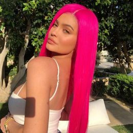 Wigs Fashion celebrity style High Temperature Fibre Natural Hairline Hair Wig Rose Pink Long Straight Layered Haircut Synthetic Lace Fr