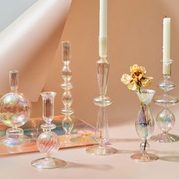 Iridescent Candle Holders Rainbow Nordic Vase Flower Home Decoration Table Decor Room Glass Stick Holder 240103