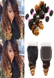 Ombre Colored 3 Tone Weave 1B430 Loose Wave Hair Extensions Weave Bundles with Lace Closure Unprocessed Virgin Human Hair Vendo9529676