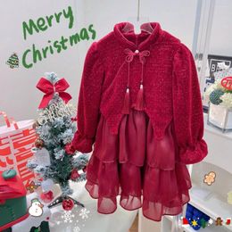 Girl Dresses Children's Girl's Winter Red Dress Warm Long Sleeved Corduroy Spliced Mesh Skirt RV5278