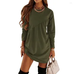 Casual Dresses Fashion Solid Colour Ruched Dress For Women O-Neck Simple Long Sleeve Mini Elegant Office Female Streetwear