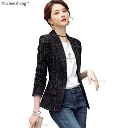 Women Fashion Casual Single Button Blazers Coat Vintage Slim Long Sleeve Female Outerwear S-4XL Chic Black Apricot Plaid Tops 240102