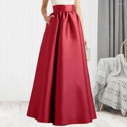 Skirts Versatile High Waist Skirt Elegant Vintage Satin Maxi With Pockets For Women A-line Floor Length Autumn