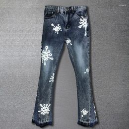 Men's Jeans European Print Patchwork Elastic Flare 2024 Men Spring Blue Hombre Hip Hop Punk Trends Pants