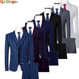 Men's Suits Blazers QJ CINGA Men's Striped Three-piece Suit Wedding Business Men's Suit White Blue Black Terno Masculino Plus Size Come Homme Q230103