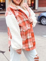 Women's Plaid Print Patchwork Coat Long Sleeve Lapel Loose Button Closure Lamb Fleece Jacket 240102