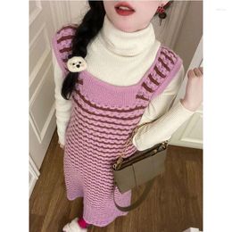Women's Sweaters Autumn Two Piece Set Korean Pink Stripe Tank Top Suspended Dress Pure Desire Neck Knitted Bottom Shirt For Women