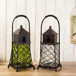 Candle Holders European Style Retro Glass Handle Lid Lantern Iron House Floor Decoracion Salon Casa Furniture