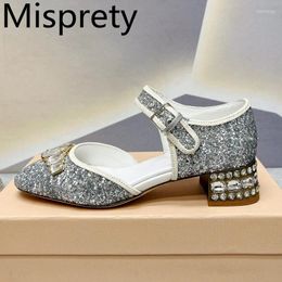 Dress Shoes Sweet Shiny Women Mary Janes Shoe Crystal Decor Square Heel Runway Designer Ankle Buckle Strap Female Party Single