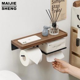 Toilet Paper Holder with Black Walnut Shelf for BathroomWall Mounted Tissue Double Roll BlackPhone Rack Wc 240102