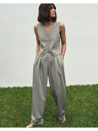 Women's Two Piece Pants Fashion Solid Office 2 Set For Women Chic Blazers Vest And Wide Legs Business Suits 2024 Summer Elegant Outfit