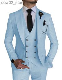 Men's Suits Blazers Fashion Smart Business Sky Blue Come Homme Wedding Men Suits Peak Lapel Groom Tuxedos Terno Masculino Prom Blazer 3 Pieces Q230103