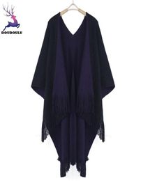 DOUDOULU 2020 Women Winter Knitted Cashmere Poncho Capes Shawl Cardigans Sweater Coat winter keep warm scarves echarpe mulherWM6101584