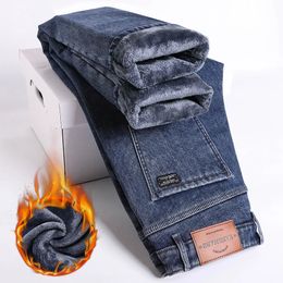 Winter Fleece Thick Warm Jeans Mens Slim Straight Elastic Denim Pants Casual Male Clothing Fashion Plush Trousers 240102