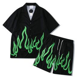 5 Sets Mens Shorts Beach Green Flame Print Loose Hawaiian Shirts Shorts 2 Piece Set Summer Male Casual on Vacation Outfit Sets 240102