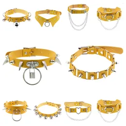Choker Gothic Bell Necklaces For Women Girls Rivet Yellow PU Leather Necklace Punk Neck Collars Cool Sexy Collar