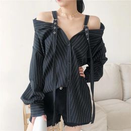 Women's Blouses 2024 Fashion Slim Black Strap Vertical Stripe Female Blouse Off-shoulder Long Sleeve Women Shirt RE2451