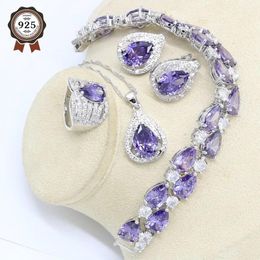 Bracelets Sier Jewelry Set for Women Purple Amethyst Bracelet Hoop Earrings Necklace Pendant Ring Wedding Birthday Gift