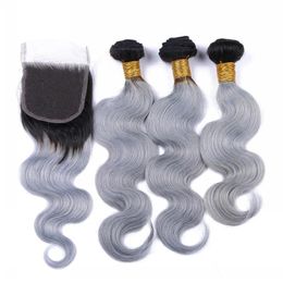 Wefts Brazilian Silver Grey Ombre Human Hair Bundles with Lace Closure 4Pcs Lot Dark Root 1B/Grey Ombre 4x4 Front Lace Closure with Weav