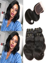 Malaysian Hair Body Wave 4 Bundles with Lace Closure 100 Human Hair Weave Bundles with Closure Short Hair Extensions Natural Colo2497874