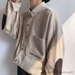Men's Casual Shirts 2023 Autumn Men's Fashion Thicken Corduroy Material Coats Embroidery Patchwork Shirt Cuff Mens Shirts Plus Size