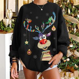 Women's Hoodies Autumn And Winter Pullover Round Neck Elk Christmas Print Solid Long Sleeve T-shirt Fashion Casual Loose Tops