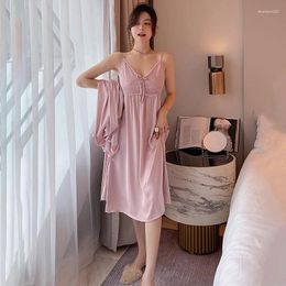 Women's Sleepwear Pyjama Set Spring Summer Thin Nightgowns Sexy Lace V-Neck Nightdress Gown 2 Pieces Satin Long Sleeve Robe Kimono Nightie