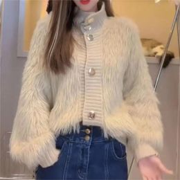 WTEMPO Womens Long Puff Sleeve Warm Fall Winter Fur Knitted Sweater Spliced Knit Cardigan Plush Knitwear High Neck Knitting Tops 240103