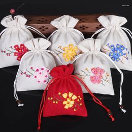 Gift Wrap Handmade Ribbon Embroidery Small Cloth Bag For Christmas Packaging Cotton Linen Jewelry Pouch Party Favor Bags 50pcs/