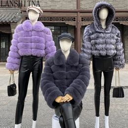 Style Fur Coat Woman Real Fox Fur Coat Collar Hood Full Length Sleeves Natural Fur Jacket Autumn And Winter Clothing 240102