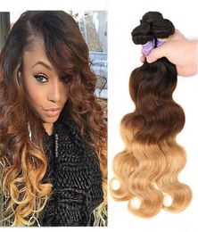 Three Tone Ombre Brazilian Virgin Body Wave Hair Weaves 1B427 Brown Blonde Bundles Wet And Wavy Human Hair Weave Extensions1114226