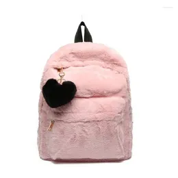 School Bags Winter Girls Backpack Soft Plush Large Capacity Women Shoulder Bag Fluffy Heart Shape Zipper Rucksack Purse Pink Laptop Pouch