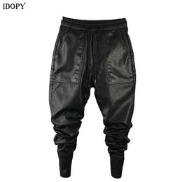 Idopy Men's Winter Warm Faux Leather Harem Pants Elastic Waist Drawstring PU Joggings Trousers For Male 240103