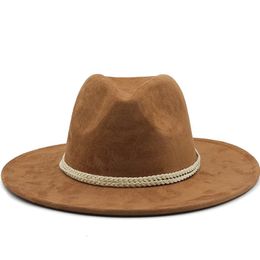 Suede Fedora Hats for Women 8cm Wide Brim Panama Western Cowboy Hat Winter Jazz Church Sombrero Caps 240102