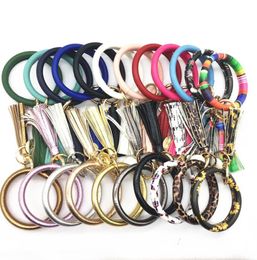 10pcs Mixed Colours PU Leather O Key Chain Custom Circle Tassel Wristlet Bracelet Keychain Women Girl Key Rings Wrist Strap6899151