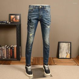 Men's Jeans Vintage Blue Ripped Spring And Autumn Stretch Slim Fit Fashion Embroidered Printed Street Casual Ankle Banded Pants