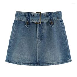 Skirts American Vintage Denim Skirt Women Summer Empire Waist Zipper Belt A-line Sexy Short Dresses Fashion Sweet