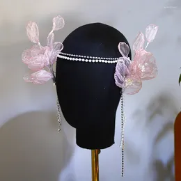 Headpieces Sweet Bridal Headdress Pink Yarn Petals Pearl Chain Headband Exotic Wedding Hair Accessories