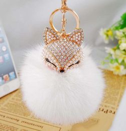 18Color Cute Bling Rhinestone Keychains Fox Real Rabbit Fur Ball y Keychain Car Key Chain Ring Pendant For Bag Charm 3277504