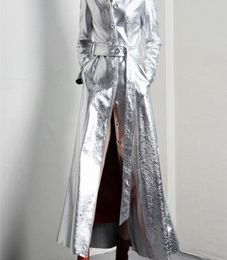 Women039s Trench Coats Lautaro Spring Autumn Long Cool Silver Shiny Reflective Pu Leather Trench Coat for Women with Hood Luxur9750761