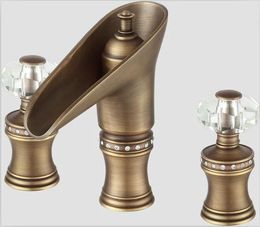 Faucets 3 pCS 8 " Widespread Basin Lavatory sink Faucet Waterfall Antique Bronze crystal handles