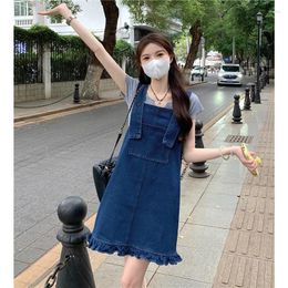 Work Dresses Korean Style Women's Summer Denim Dress 2024 Casual Ruffle Sleeveless Straight Strap Chic Student Lady Outfit