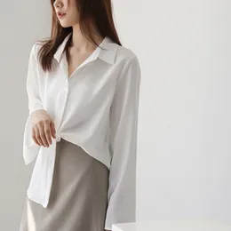 Women's Blouses Women Flared Sleeves Chiffon Shirt Korean Fashion Casual Loose Long Sleeve Tops Y2K All Match Elegant Female Blouse