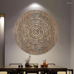 Decorative Figurines Teak Three-Dimensional Lotus Round Carved Board Villa El Club Wall Mural