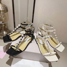 Summer Pearls Sandals Women Dress Wedding Shoes Sheepskin Platform Flat Sandals Elegant Women White Bride Pearls High Heels Ladies Pumps Top Quality