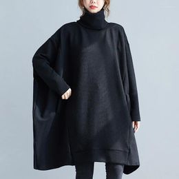 Casual Dresses #4083 Black Sweater Dress Women Winter Bawting Sleeve Knitted Loose Turtleneck Split Joint Asymmetrical Knee -length