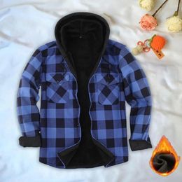 Men's Casual Shirts Men Autumn Coat Button-down Shirt Jacket Stylish Plaid Print Cardigan Warm Hooded Single-breasted For Fall Winter